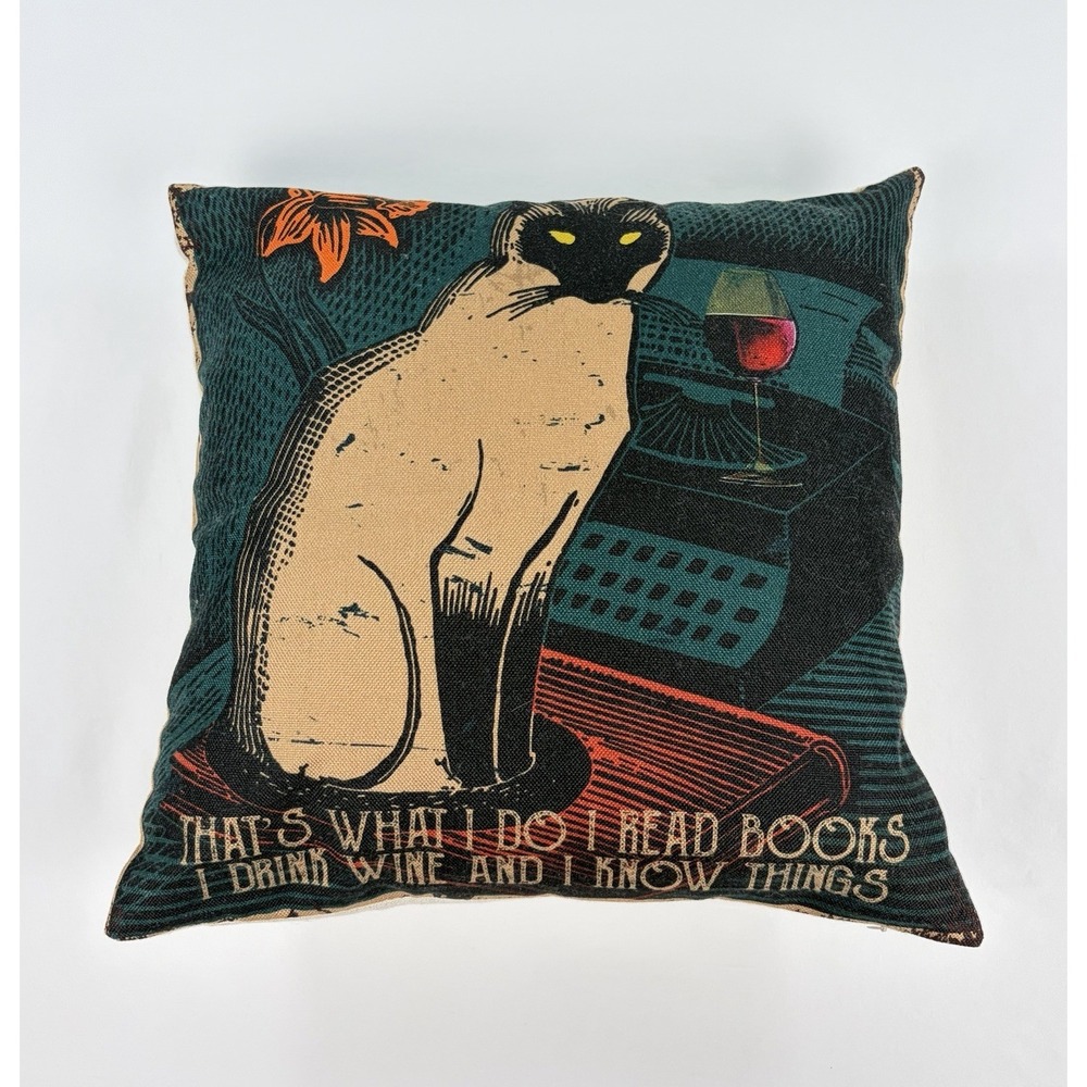 That's What I Do I Read Books I Drink Wine" Siamese Cat Throw Pillow Retro Style